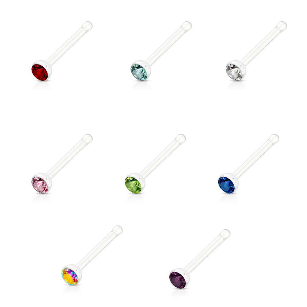 Surgical Steel 20 Gauge Nose Bone with Clear CZ Gem - 1/4 Inch