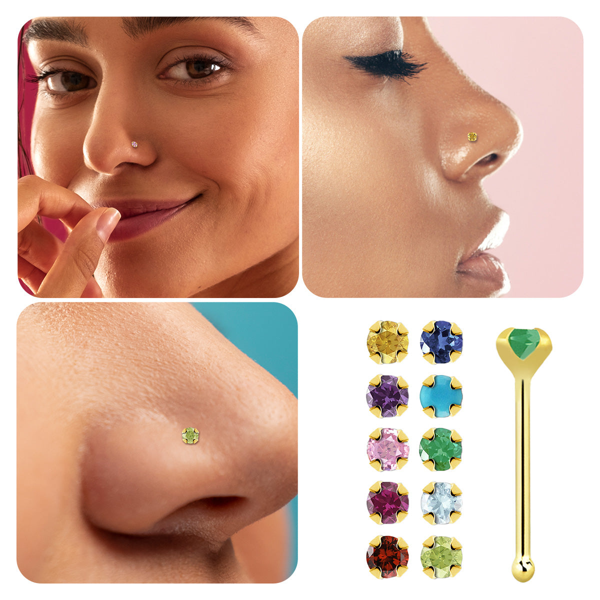 14K Solid Gold Nose Bone Stud 22G 6mm with 2mm CZ - 9 Gem Colors - photo 2