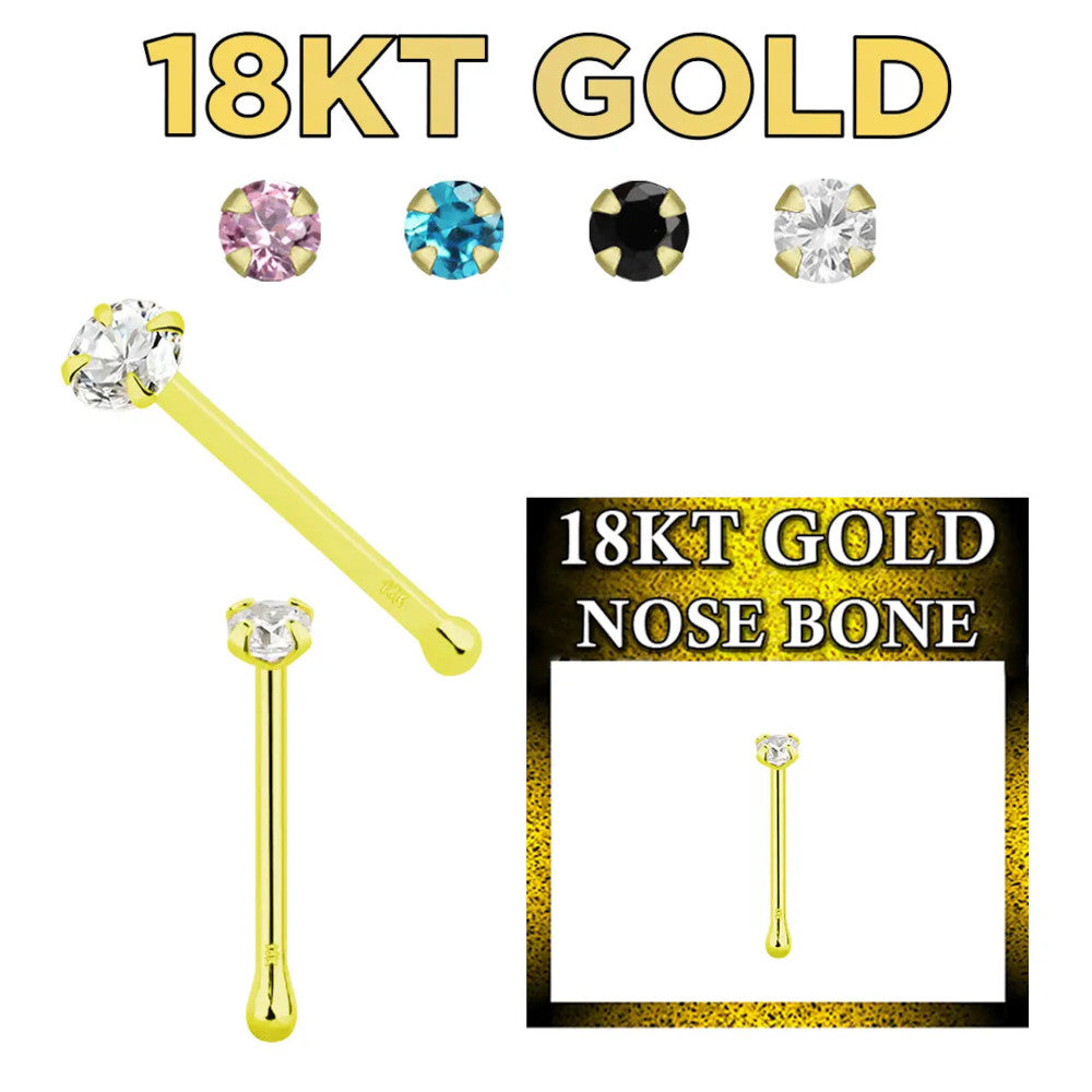 18K Solid Gold 22 Gauge CZ Top Nose Bone Stud