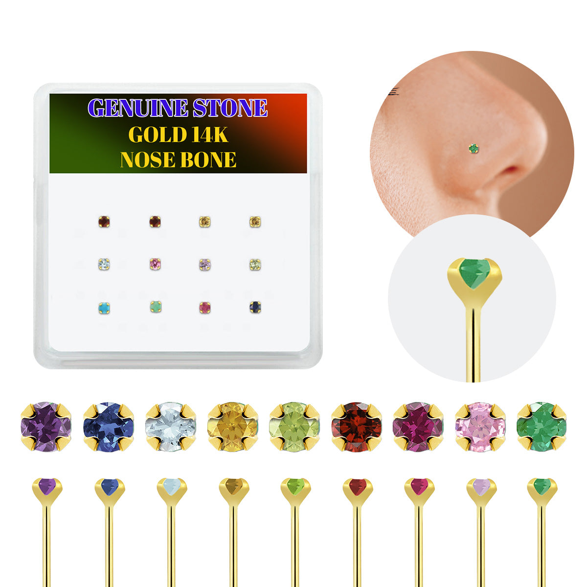 14K Solid Gold Nose Bone Studs 22G 6mm with 2mm CZ - 12 Pack