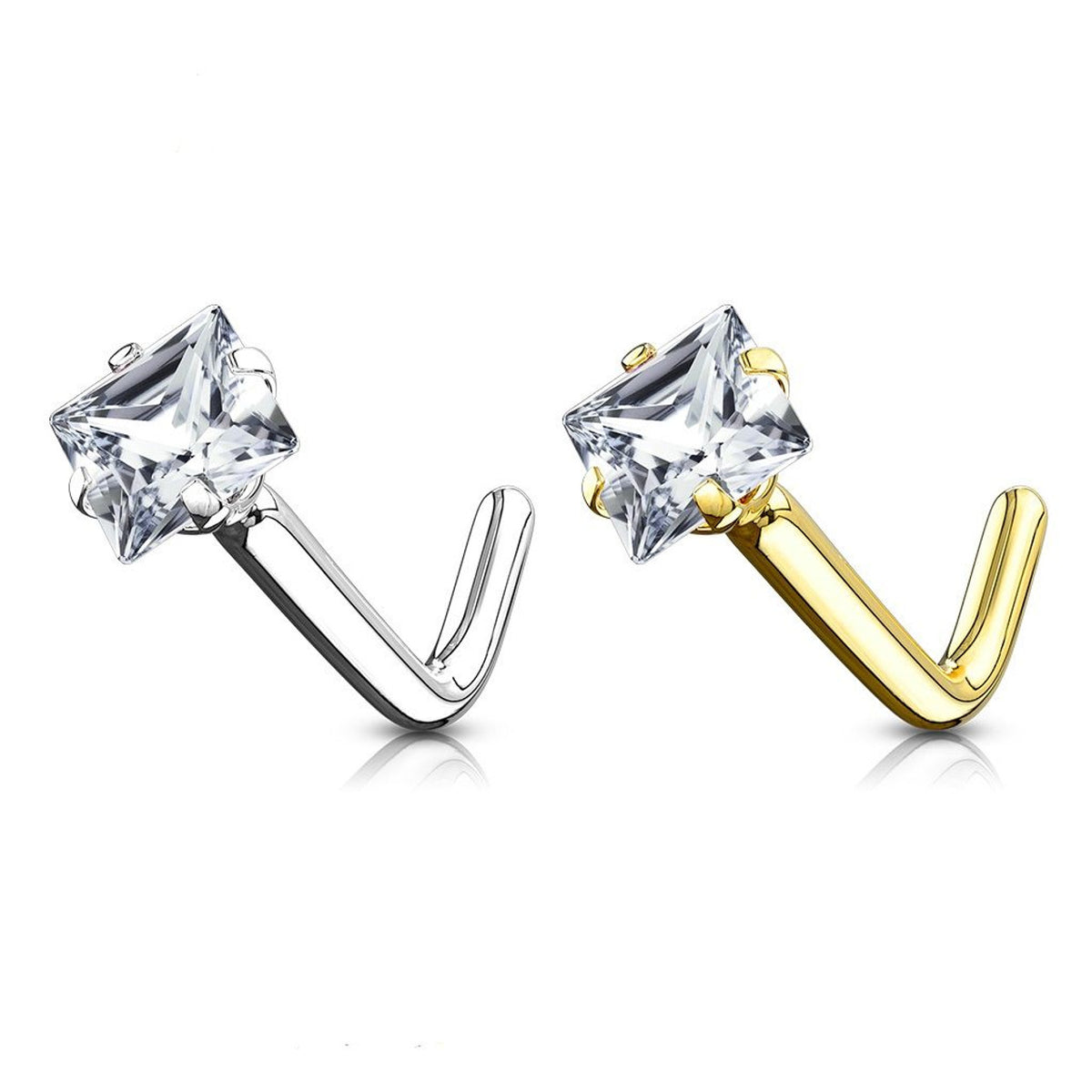 14 Karat Solid Gold Nose Ring Stud 20 Gauge 1/4" L Bend Square CZ - Kruelty