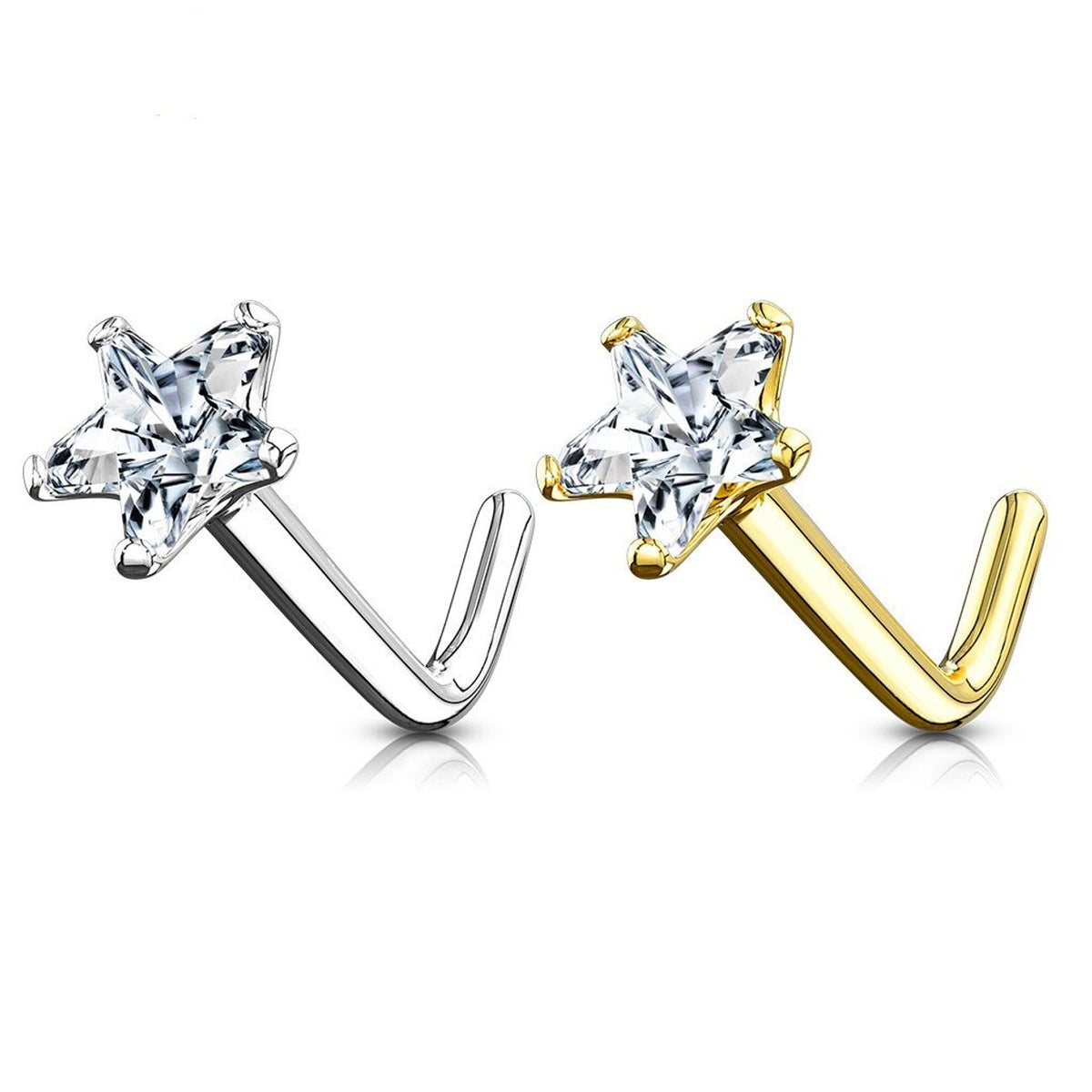 14 Karat Solid Gold Nose Ring Stud 20 Gauge 1/4" L Bend Star CZ - Kruelty