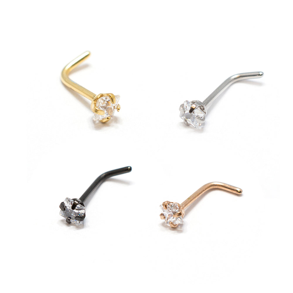 Surgical Steel L-Bend Nose Stud with Square CZ - 18 & 20 Gauge