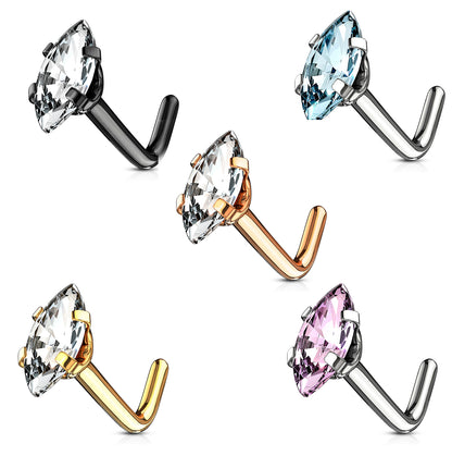 Surgical Steel 20 Gauge L-Shaped Nose Stud with Prong Set CZ