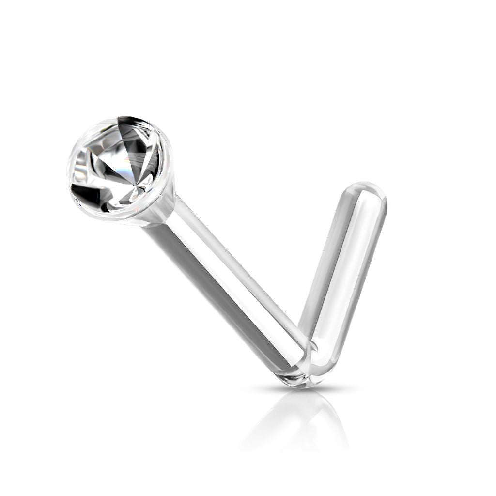 BioFlex 18 to 20 Gauge L Bend Nose Ring with Clear Gem Top