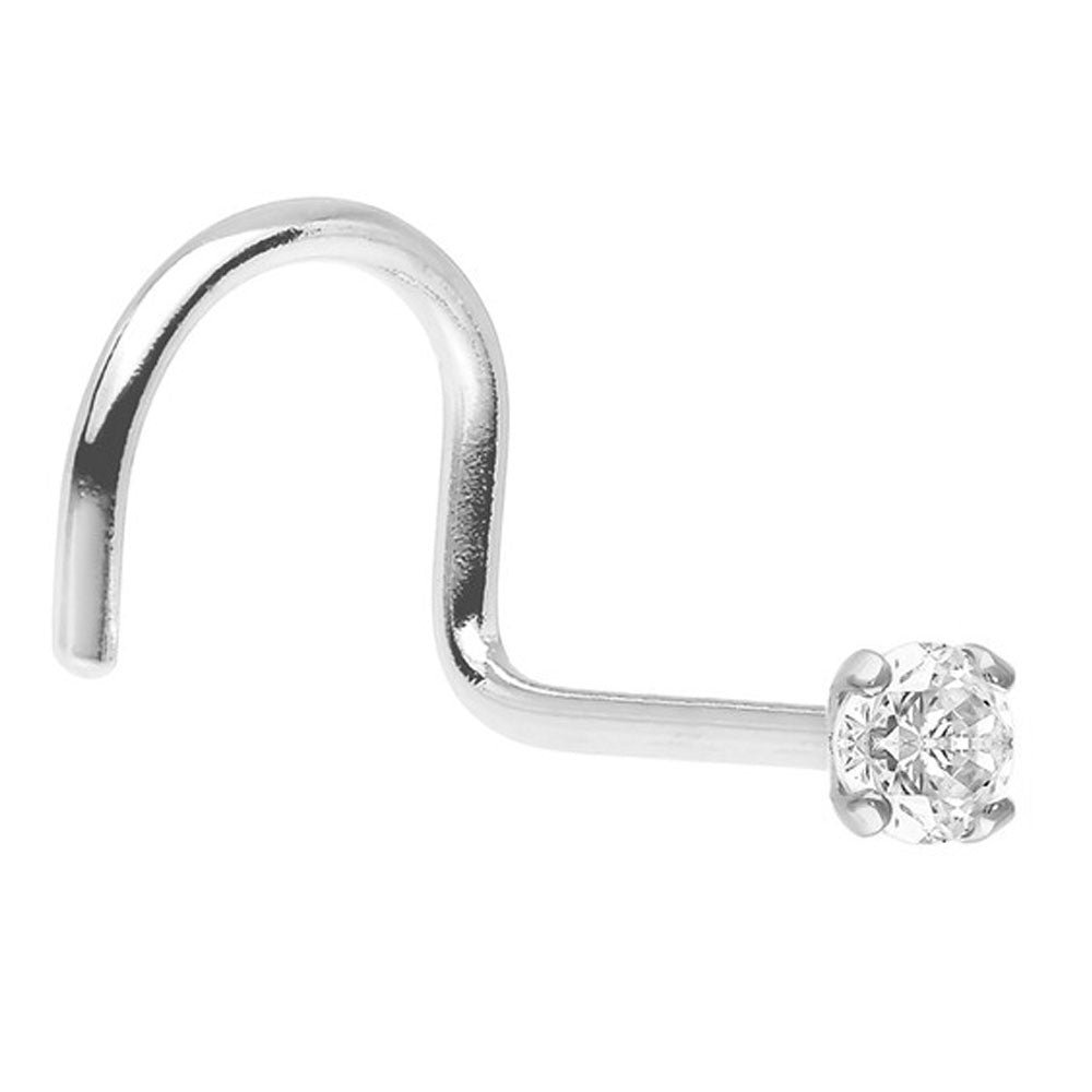 14K White Gold 20 Gauge Corkscrew Nose Screw with 2mm Diamond