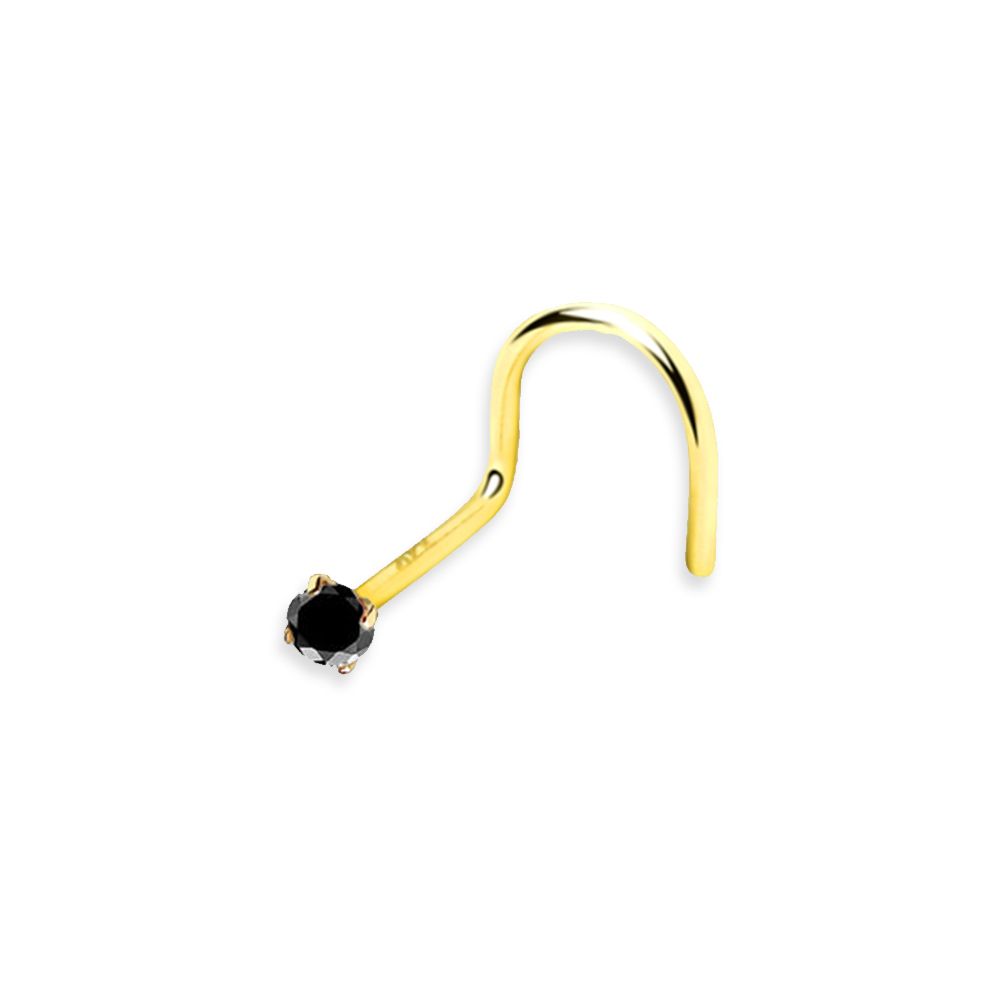 14K Yellow Gold 20 Gauge Nose Screw with Black Gem