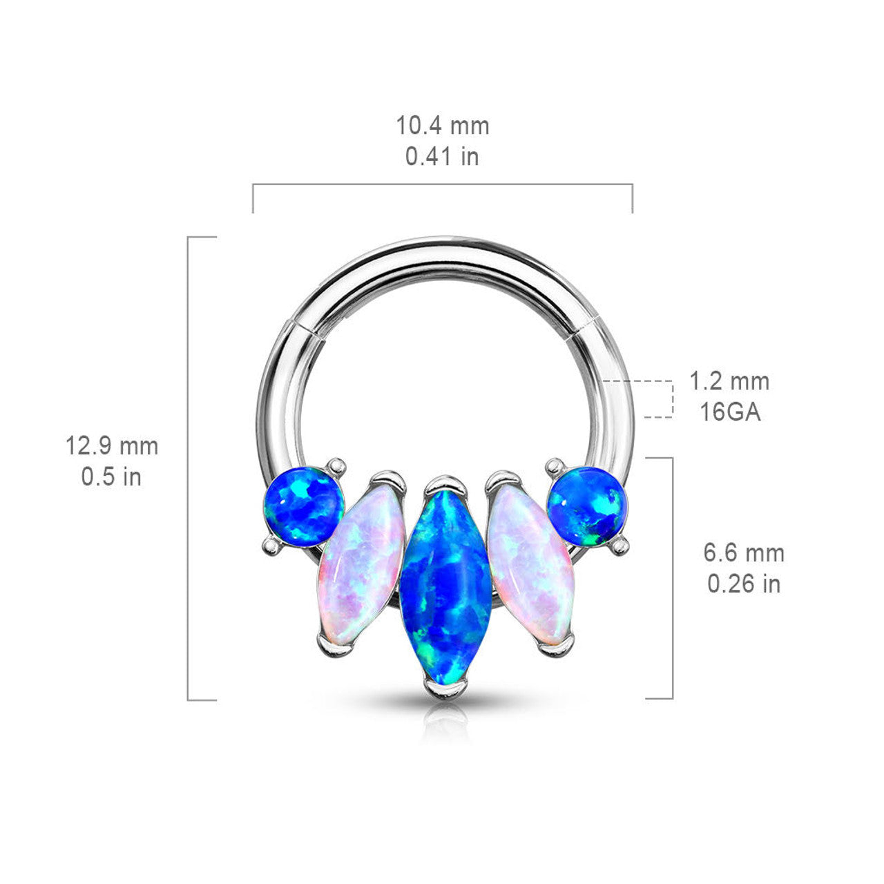 Surgical Steel Septum Clicker Ring 16 Gauge with 5 Marquise Opal