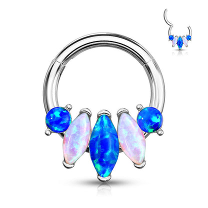 Surgical Steel Septum Clicker Ring 16 Gauge with 5 Marquise Opal