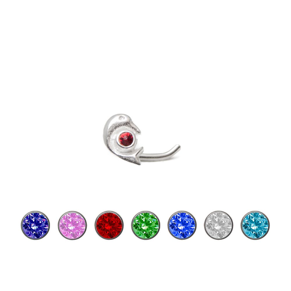 .925 Sterling Silver Dolphin Nose Stud with Jewel - 18 & 20 Gauge