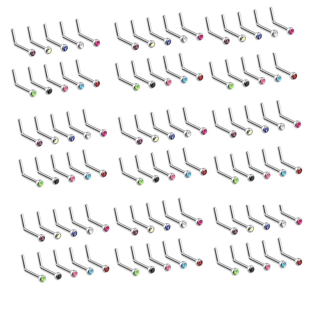 Surgical Steel 18 & 20G L-Shape Nose Rings Assorted CZ - 100 Pack