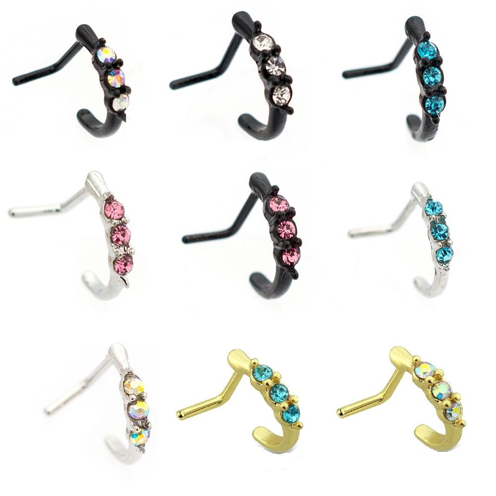Surgical Steel 20 Gauge L-Shaped Nose Stud with Threeline CZ