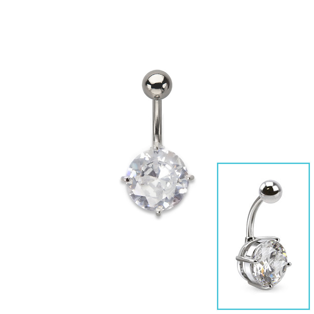 Surgical Steel 14 Gauge Belly Ring with 10mm Round Prong Set CZ