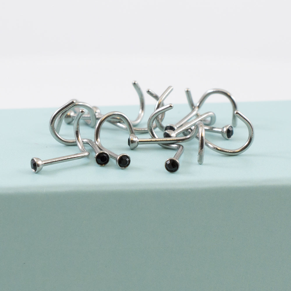 Surgical Steel 22 Gauge Nose Screws Black Round CZ - 10 Pack