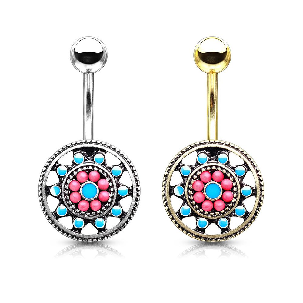 Surgical Steel 14 Gauge Belly Ring with Aztec Tribal Sun