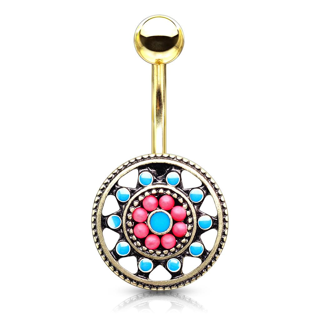 Surgical Steel 14 Gauge Belly Ring with Aztec Tribal Sun - photo 2