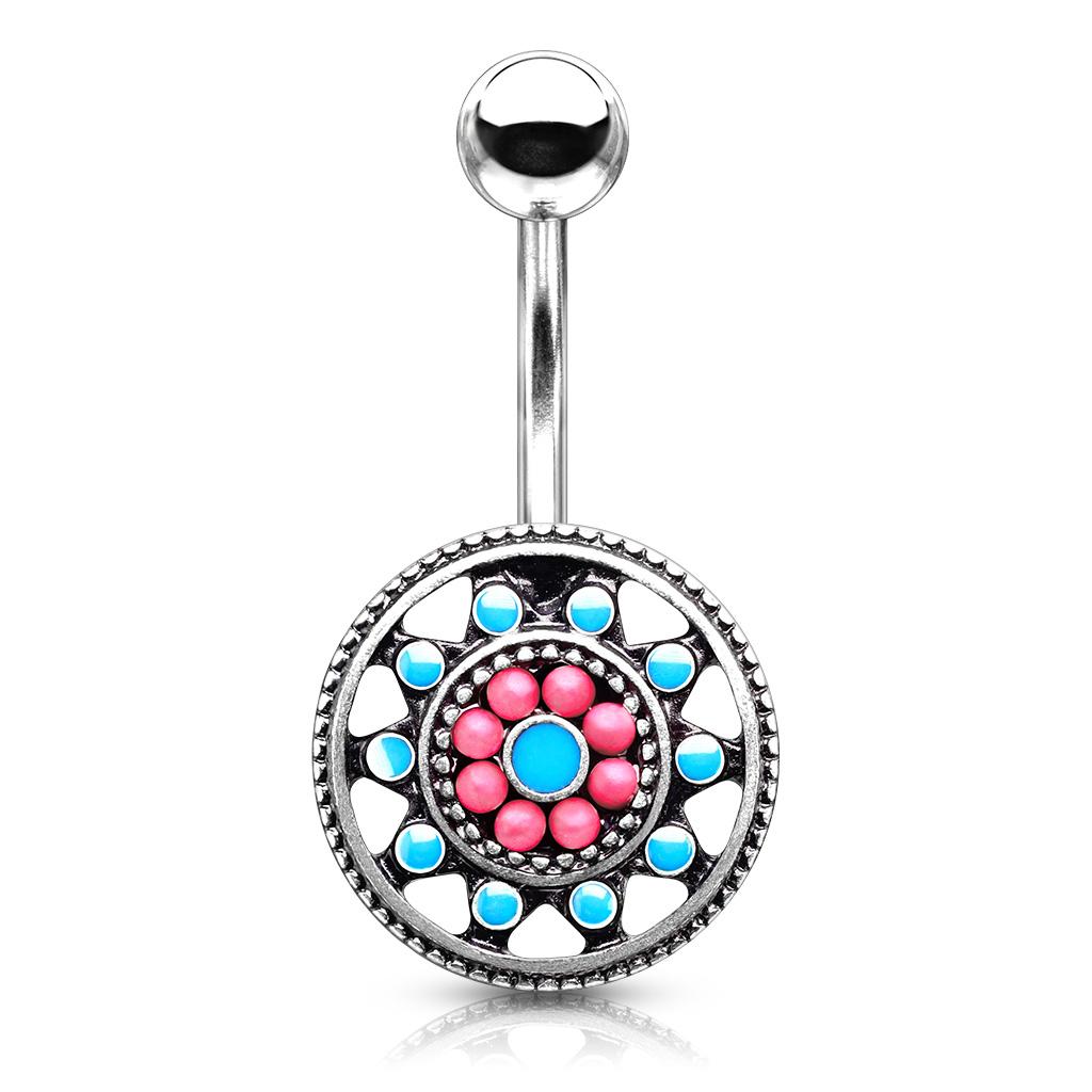 Surgical Steel 14 Gauge Belly Ring with Aztec Tribal Sun - photo 3
