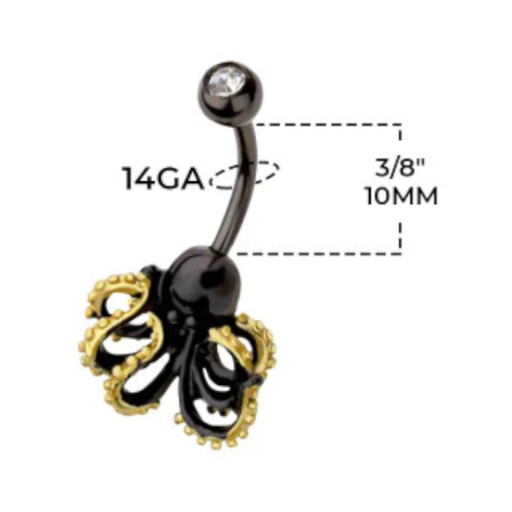 Surgical Steel 14 Gauge Black Kraken Octopus Belly Button Ring