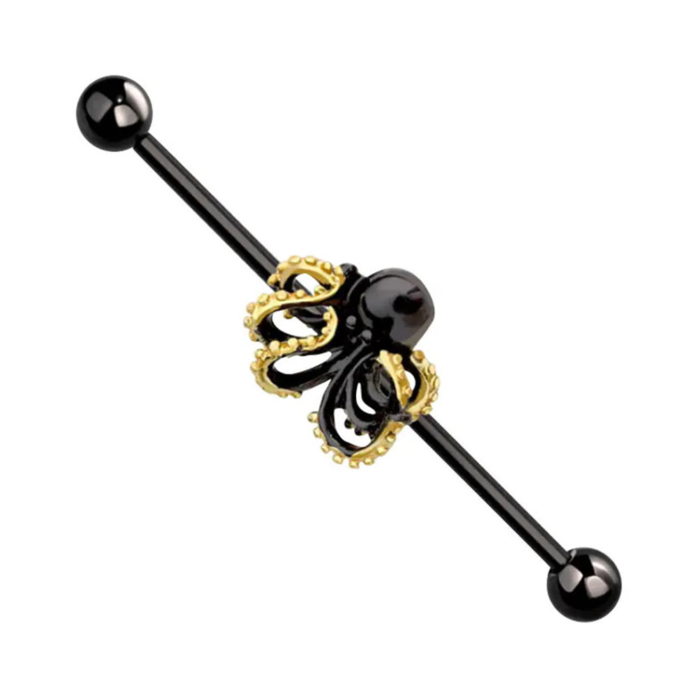 Surgical Steel 14 Gauge Black Octopus Industrial Barbell