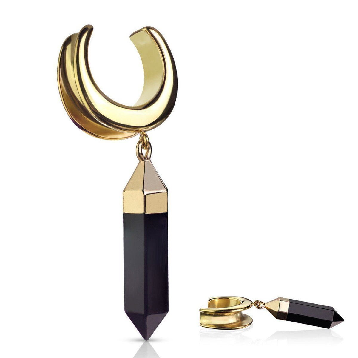 PVD Gold Surgical Steel Dangle Onyx Crescent Moon Saddle Plugs - Pair