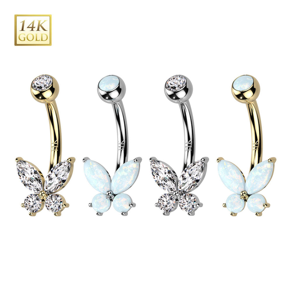 14K Solid Gold 14 Gauge CZ Butterfly Belly Button Ring