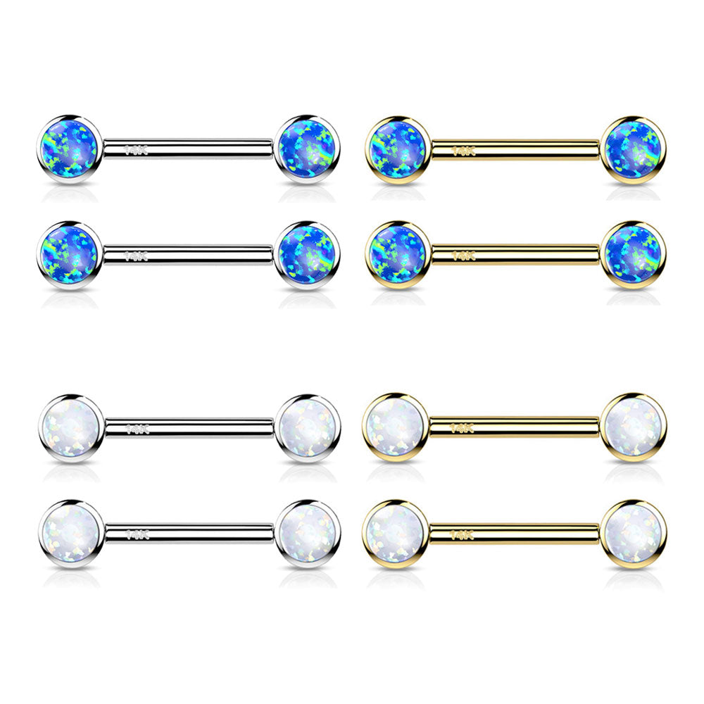 14 Karat Solid Gold 14 Gauge Nipple Barbell with Bezel Set Opal - Pair