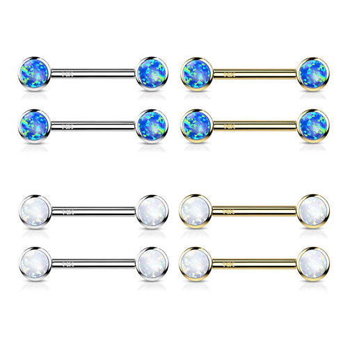 14 Karat Solid Gold 14 Gauge Nipple Barbell with Bezel Set Opal - Pair