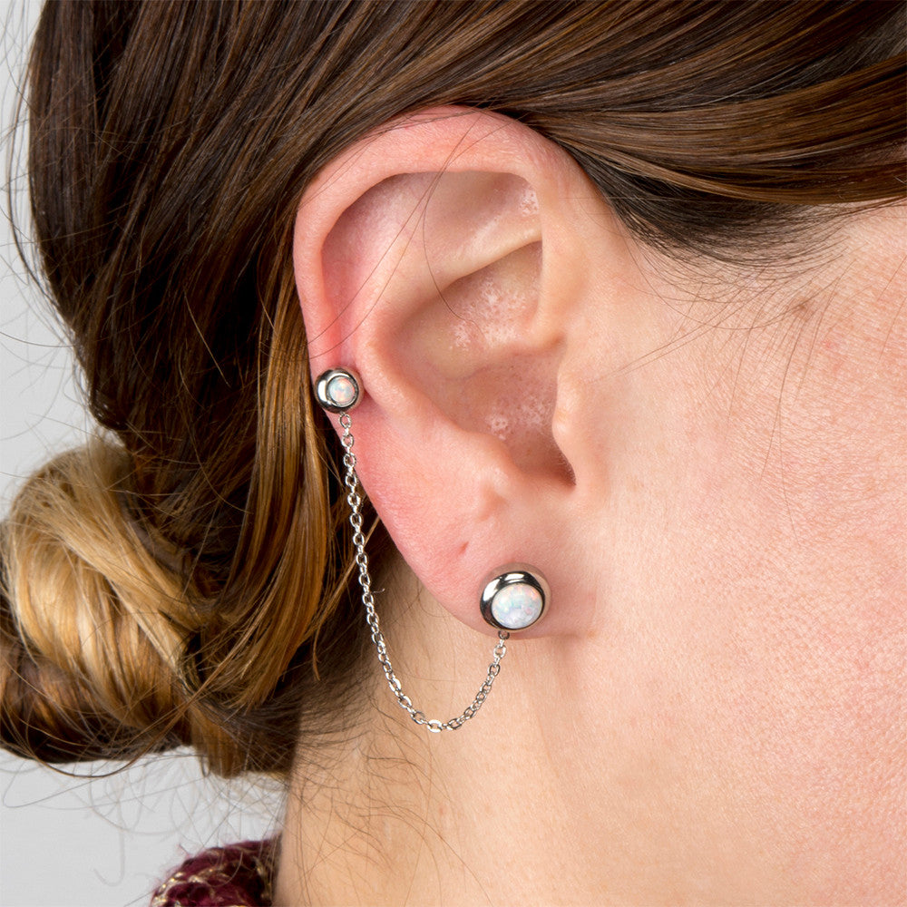 Surgical Steel White Opal Double Stud Chain Earrings - Pair - photo 2