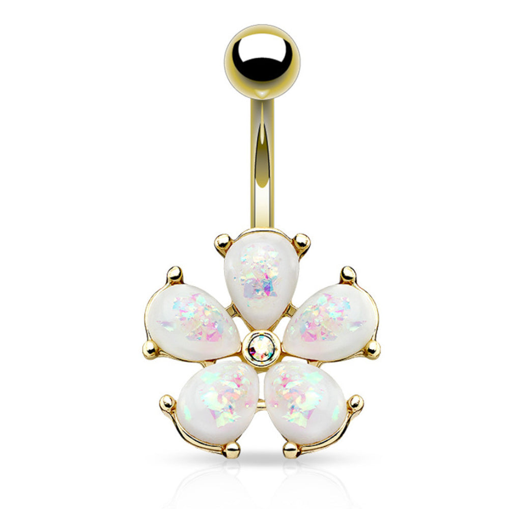 Surgical Steel 14 Gauge Belly Ring with Gold Opal Flower