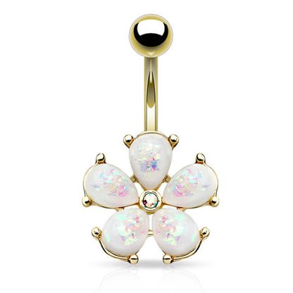 Surgical Steel 14 Gauge Belly Ring with Gold Opal Flower