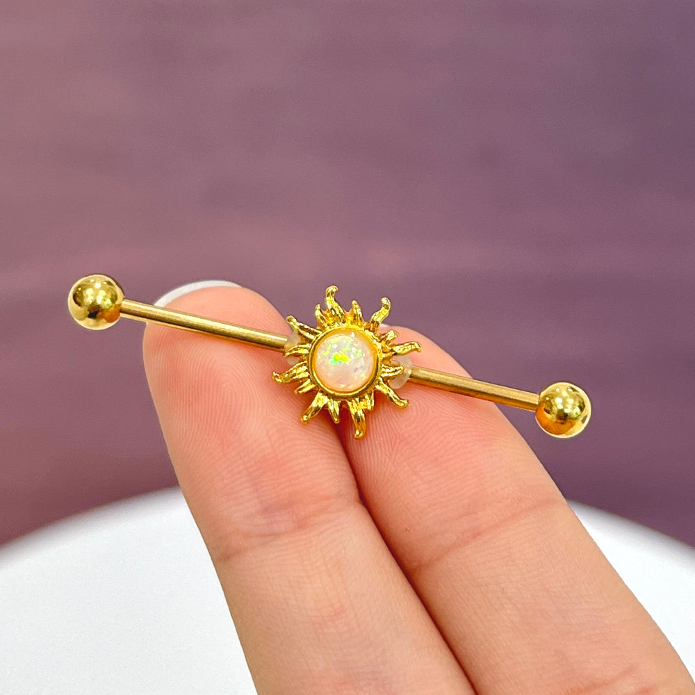 Surgical Steel 14 Gauge Industrial Barbell with PVD Gold Opal Sun - photo 2