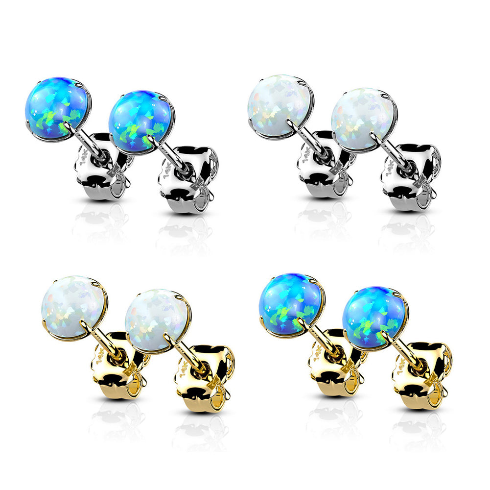 14K Solid Gold Prong Set Opal Stud Earrings - Pair