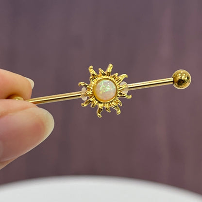 Surgical Steel 14 Gauge Industrial Barbell with PVD Gold Opal Sun - photo 3