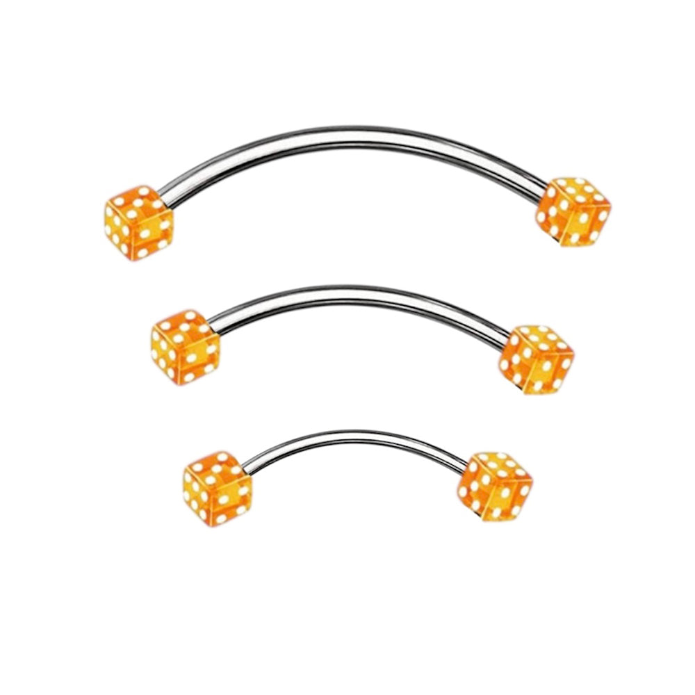 Surgical Steel & Titanium Curved Barbell 16G with Orange Acrylic Dice