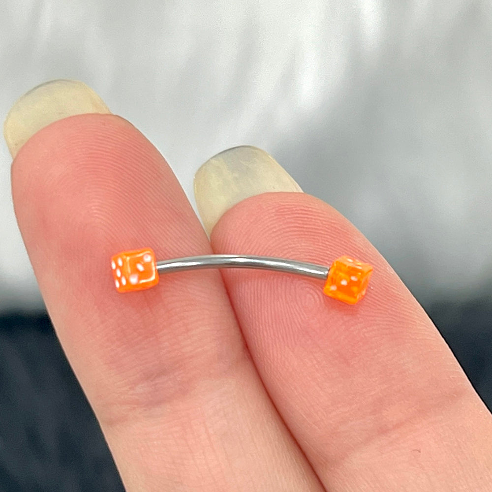 Surgical Steel & Titanium Curved Barbell 16G with Orange Acrylic Dice - photo 4