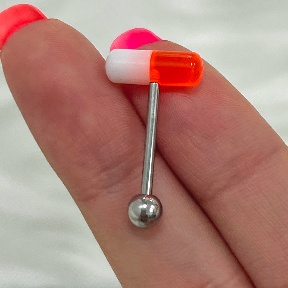 Surgical Steel 14 Gauge Tongue Barbell with UV Glow Acrylic Pill Ends - photo 5