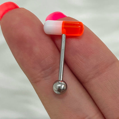 Surgical Steel 14 Gauge Tongue Barbell with UV Glow Acrylic Pill Ends - photo 5
