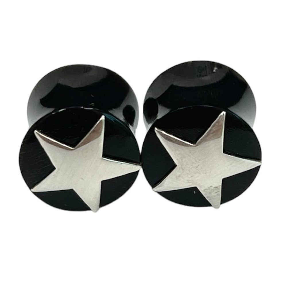Black Organic Bone Double Flare Ear Plugs with Star 6G to 12mm - Pair
