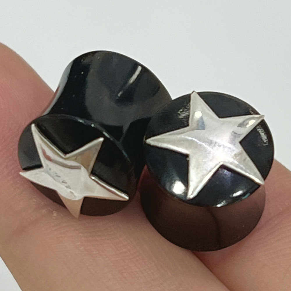 Black Organic Bone Double Flare Ear Plugs with Star 6G to 12mm - Pair - photo 5