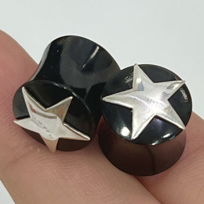 Black Organic Bone Double Flare Ear Plugs with Star 6G to 12mm - Pair - photo 5