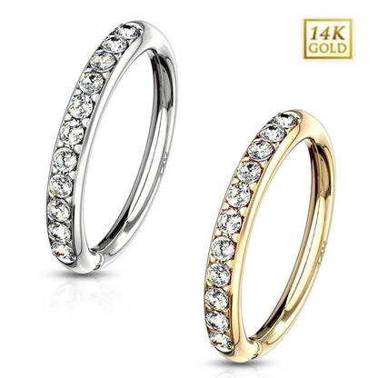 14K Solid Gold 16 to 20 Gauge Bendable Hoop Ring with Paved CZ