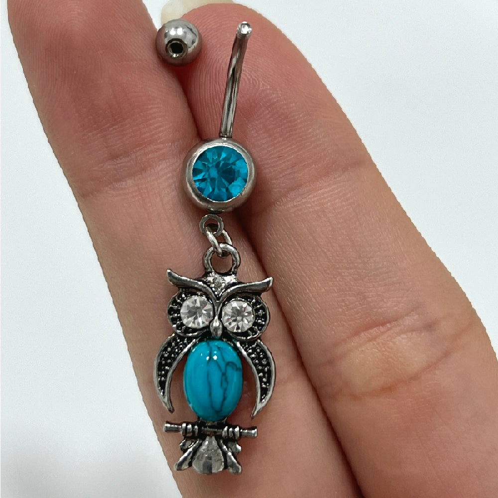 Surgical Steel 14 Gauge Belly Ring with Dangle Owl Turquoise Stone - photo 2