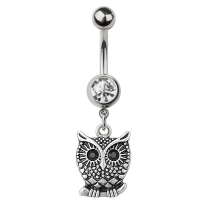 Surgical Steel Belly Ring 14G 11mm with Dangle Owl & Black CZ