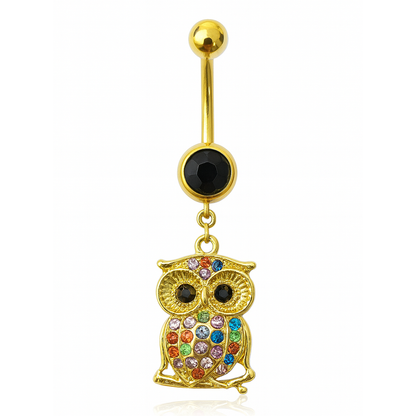 Surgical Steel Gold Belly Ring 14G 11mm with Dangle Owl & CZ