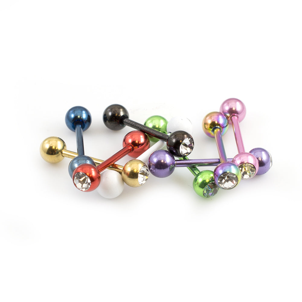 Surgical Steel Anodized Tongue Barbells 14G with Clear CZ - 10 Pack