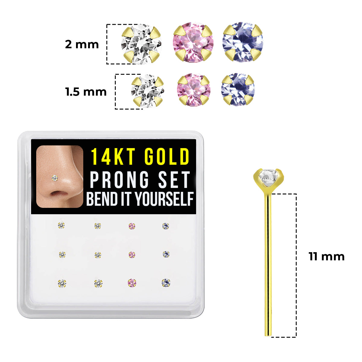14K Solid Gold Fishtail Nose Studs 22G 11mm with CZ - 12 Pack