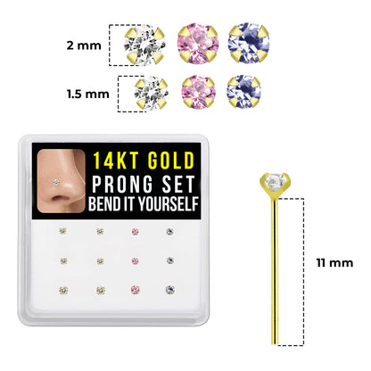 14K Solid Gold Fishtail Nose Studs 22G 11mm with CZ - 12 Pack