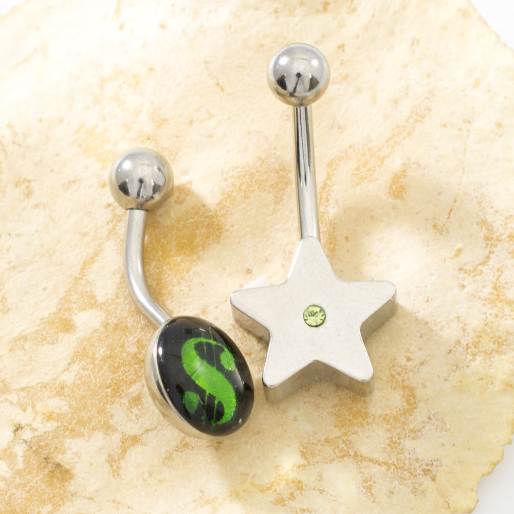 Surgical Steel 14 Gauge Star & Money Sign Belly Rings - Pair