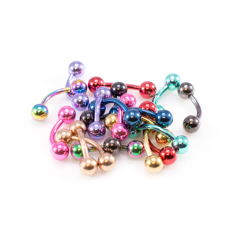 Ion Plated Surgical Steel 16G Eyebrow Barbells Assorted - 10 Pack