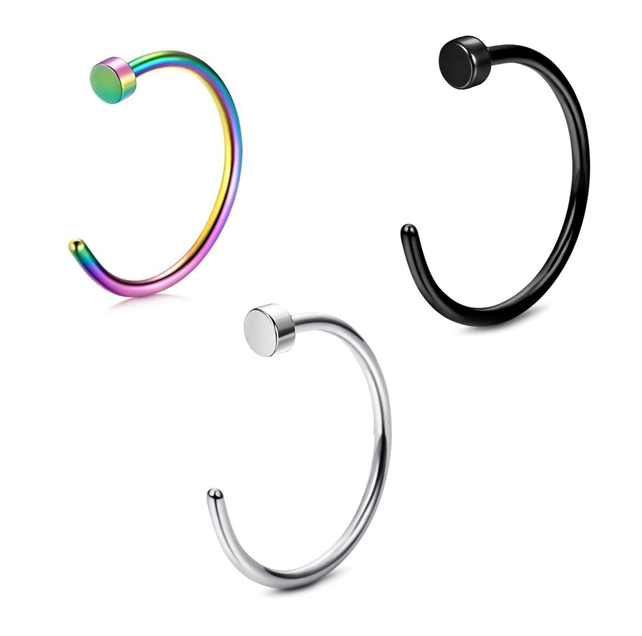 Surgical Steel Nose Hoop Ring 20 18 & 16 Gauge 3 Colors - 3 Pack
